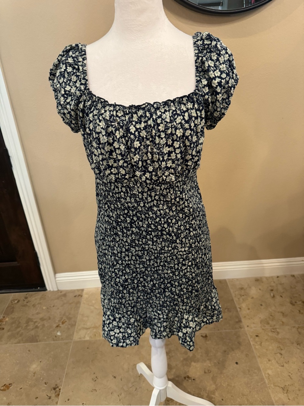 wild fable Navy and White Floral Smocked Puff-Sleeve Dress